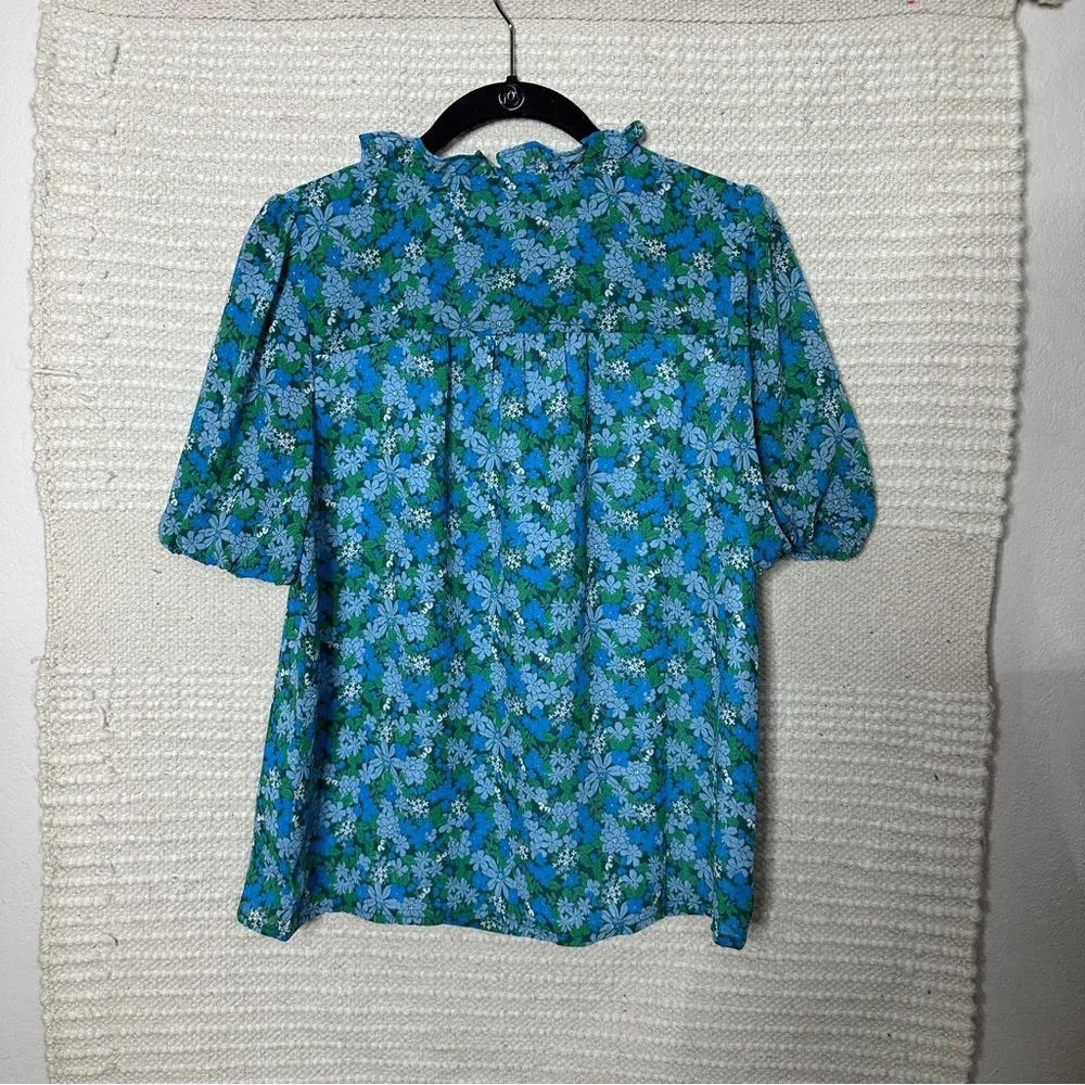 J. CREW blue / green floral Hyacinth Fields ruffle-trim short sleeve top XS NEW